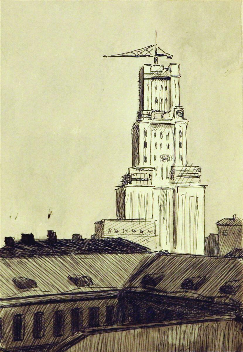 Eugene B. Scheglov. Highrise. Ink on paper. Russia 1953. - landofmagazines.com